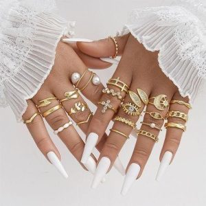 1 Ensemble de Bagues Géométriques Dorées pour Femme – 20 Pièces