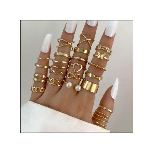 1 Ensemble de 22 Bagues Dorées Unisexe – Motif Cœur