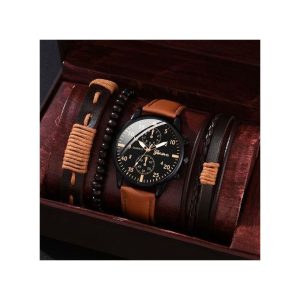 1 Ensemble de 4 montres de sport pour hommes hommes montre à quartz d'affaires de luxe bracelet en cuir marron hommes Casual Watch