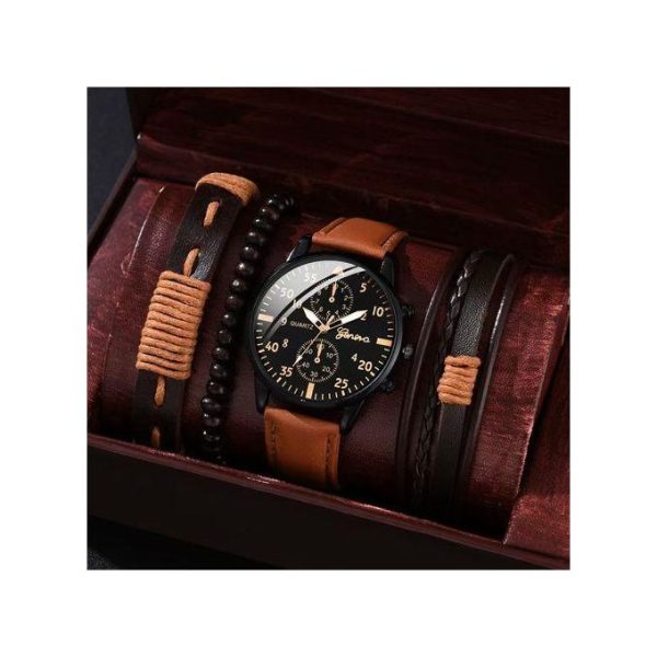 1 Ensemble de 4 montres de sport pour hommes hommes montre à quartz d'affaires de luxe bracelet en cuir marron hommes Casual Watch