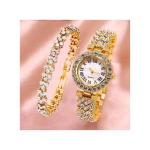 1 2 En 1 Mode Montre Femme Et Chaîne à Main -Or