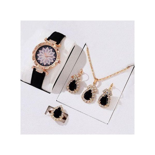 1 Ensemble de montre femme + collier + bague + boucles d'oreilles - noir
