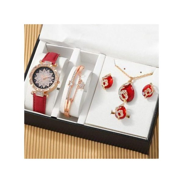 1 Ensemble 5 EN 1: Montre Femme + Collier + Bague + Boucles d'oreilles + Bracelet - Rouge
