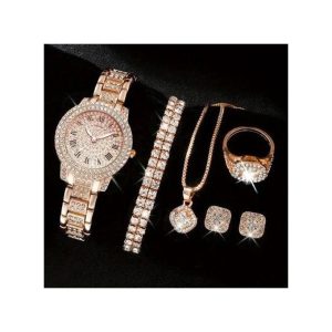 1 Mode 5 En 1 Montre Femme + Collier + Boucles D’oreilles + Bague + Ensemble Bracelet - Rose