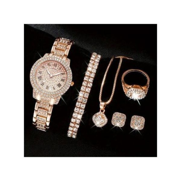 1 Mode 5 En 1 Montre Femme + Collier + Boucles D’oreilles + Bague + Ensemble Bracelet - Rose
