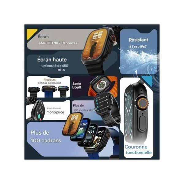 7 Montre connectée T900 Ultra2 Max avec écran tactile HD de 2,19 pouces et appels Bluetooth